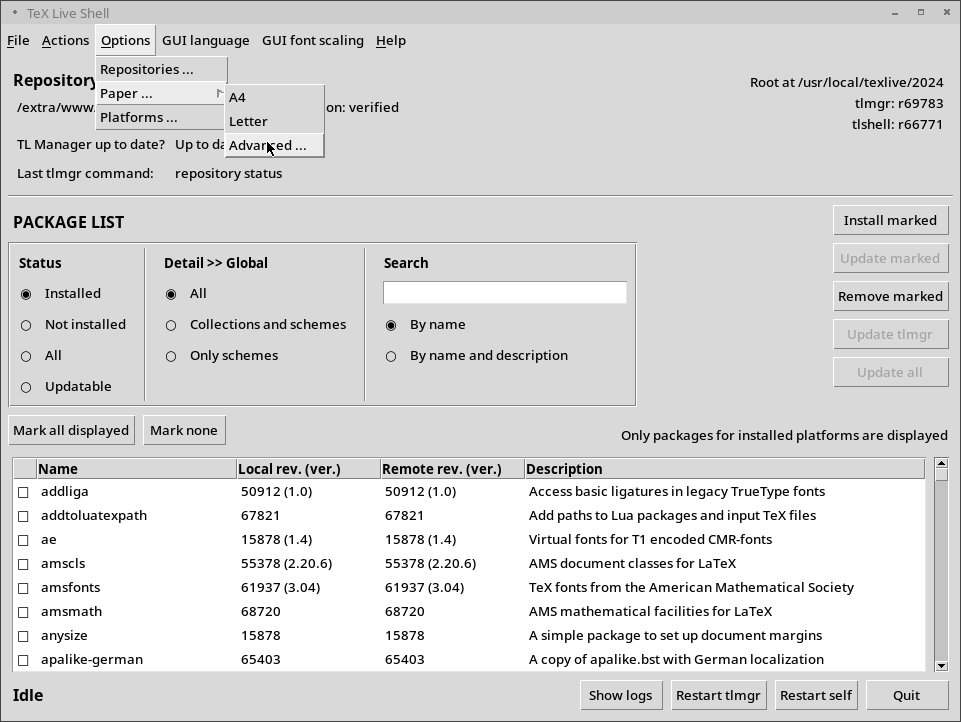 tlshell GUI, showing the Actions menu (GNU/Linux)