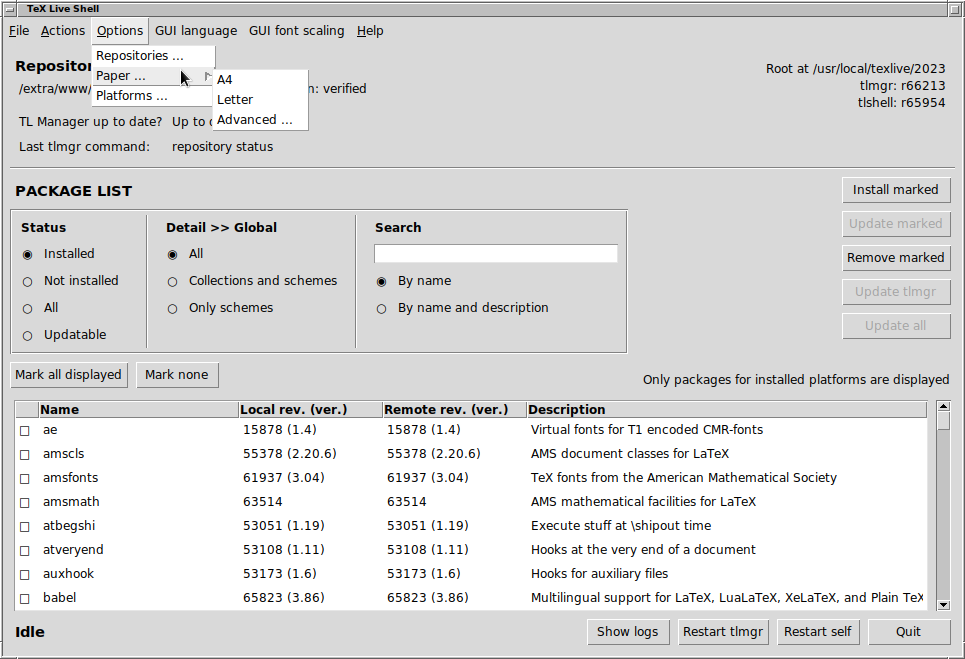 tlshell GUI, showing the Actions menu (GNU/Linux)